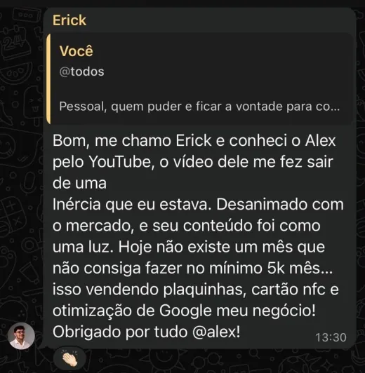 Print de aluno: depoimento do Erick